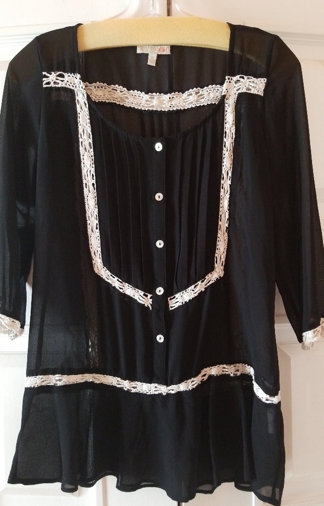 GB Blouse Black Semi Sheer 3/4 Sleeves
